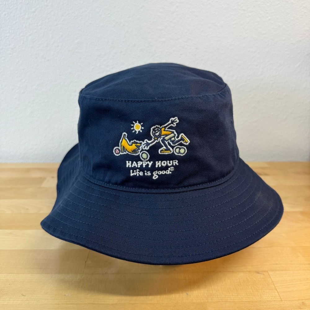 Life is Good Happy Hour Navy Blue Cotton Embroidered Bucket Sun Hat Mens Womens